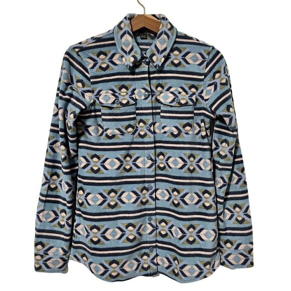 Eddie Bauer Women’s Fleece Button Down Shirt Size S Blue Aztec Jacket Shacket - Picture 1 of 9